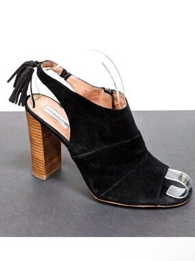 HALOGEN Willow Suede Peeptoe Tassel Stacked Heels 9.5